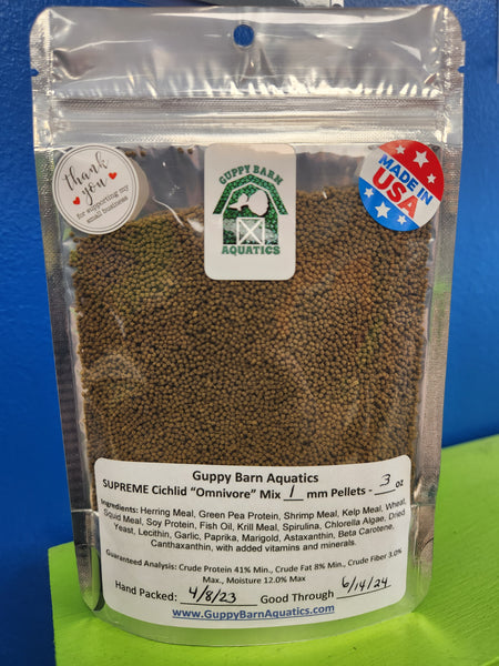 Guppy Barn Aquatics - SUPREME Cichlid Omnivore Mix 1mm (Sinking Pellet)