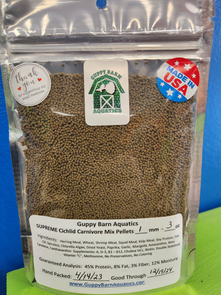 Guppy Barn Aquatics - SUPREME Cichlid Carnivore Mix 1mm (Sinking Pellet)